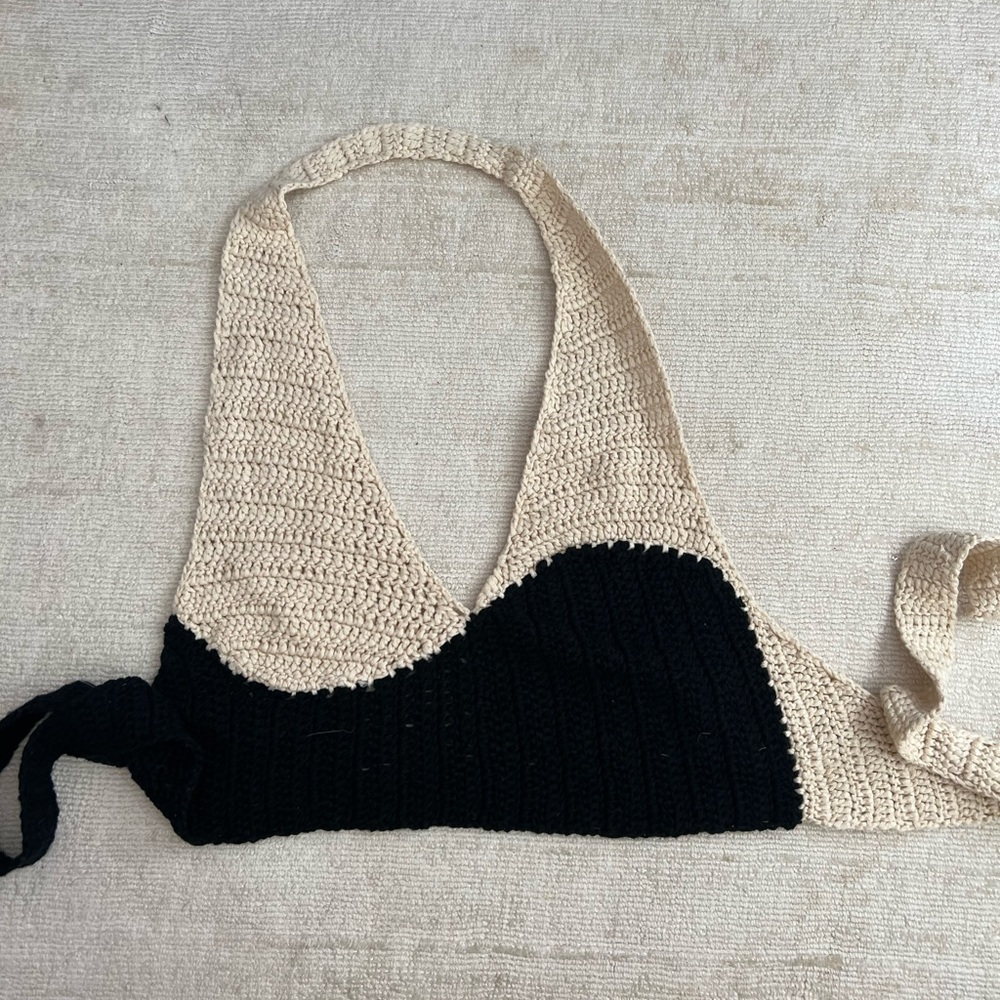 Black and Cream Crochet Halter Top